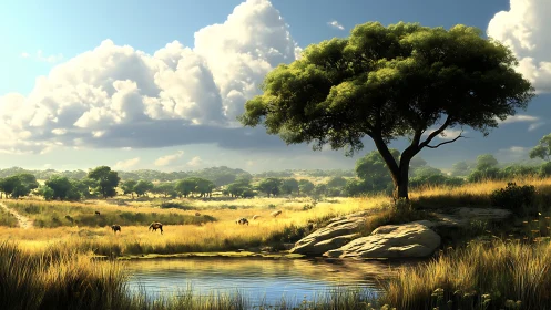Sunlit savanna watering hole beneath a dreaming sky.