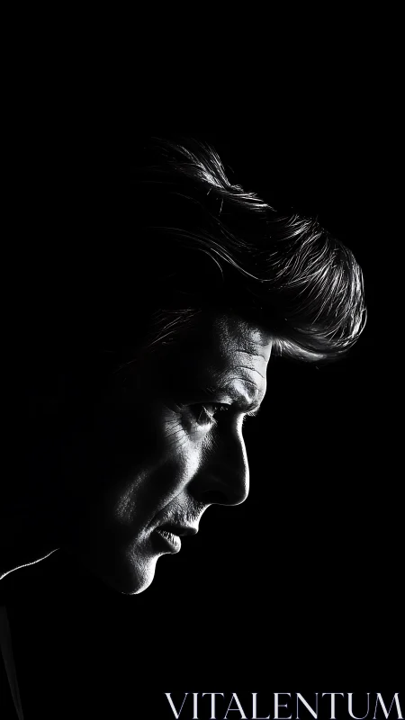 Moody male profile silhouette in stark rim lighting study.