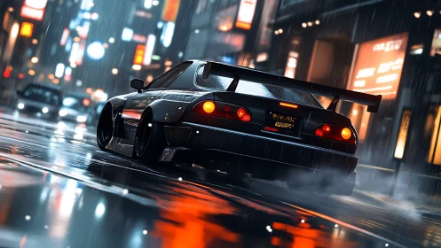 Cyberpunk street racer in neon-soaked nocturnal downpour.