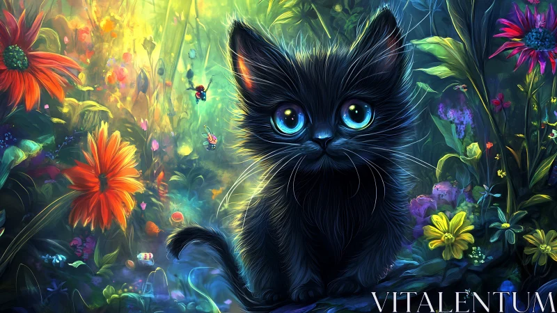 Black Cat with Blue Eyes in Luminous Flower Garden.