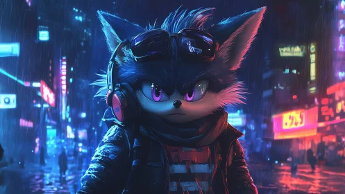 Cyberpunk fox avatar stands in neon city rain at night.