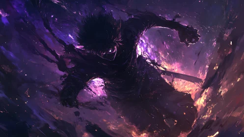 Shadowed warrior in swirling purple and orange energy.
