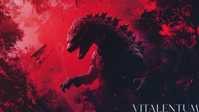 Crimson kaiju silhouette roaring through a burning jungle night.