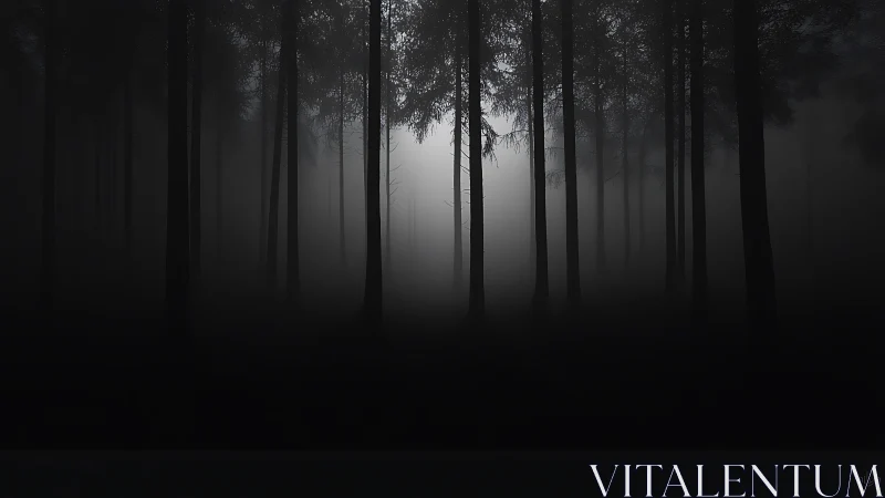 Misty Forest Grove with Tall Conifers and Diffused Light.