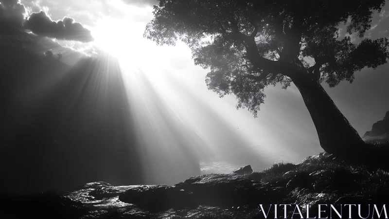 Monochrome landscape with tree and strong sunbeams over water.