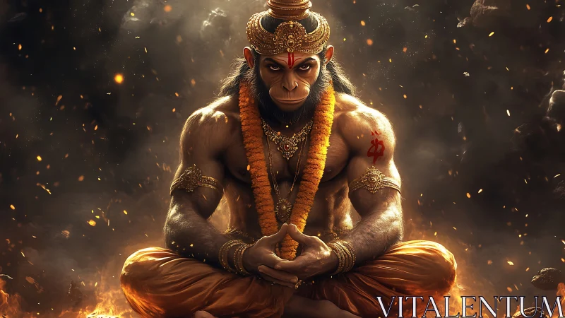 Simian deity figure in meditative seated pose amid embers.