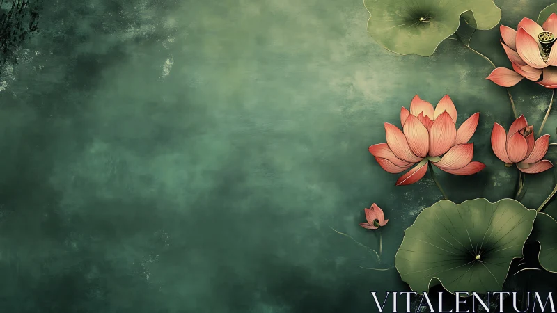 Lotus flowers on water with lily pads in muted tones