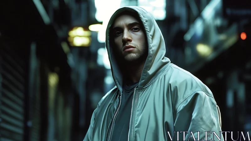 Quiet resolve in a neon city alley at blue hour.