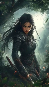 Battle‑ready elven ranger in dark leather armor, forest mist