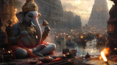 Ganesha statue overlooks luminous riverside temple festival.