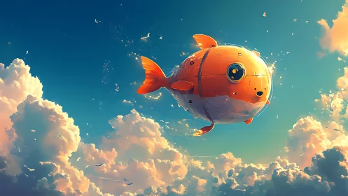Spherical orange airship fish with riveted panels traverses clouds