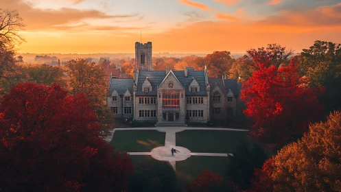 Historic stone campus building amid autumn trees at dusk.