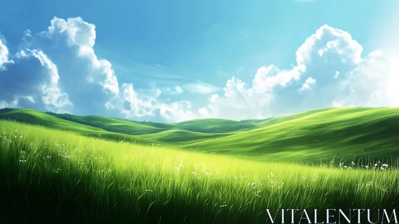 Sunlit grassy hills under cumulus cloud formations panorama.