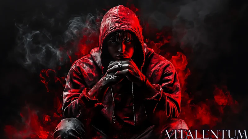 Brooding hooded figure framed in crimson smoke and shadowed fire.