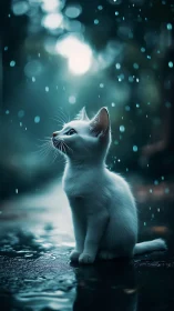 White Feline Silhouette in Rain: Celestial Bokeh Atmospheric Study.
