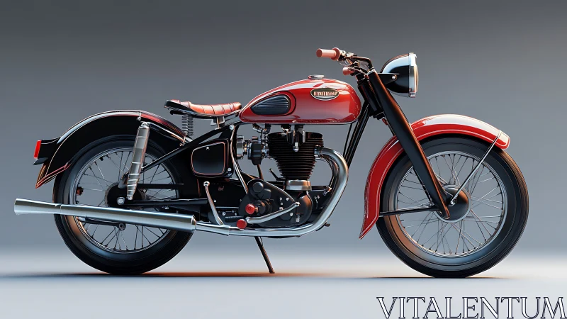 Side-profile render of vintage red motorcycle with exposed single-cylinder engine