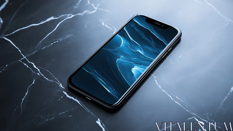Smartphone on marbled surface with abstract display.
