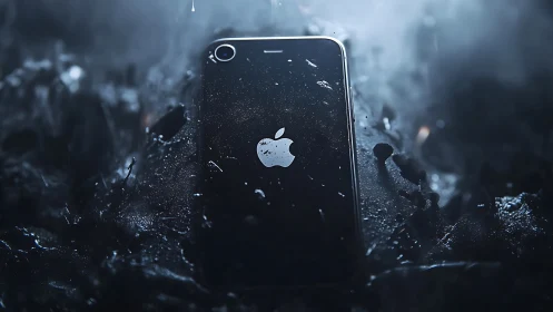 Black iPhone submerged in crystalline ice formations with ethereal light diffusion
