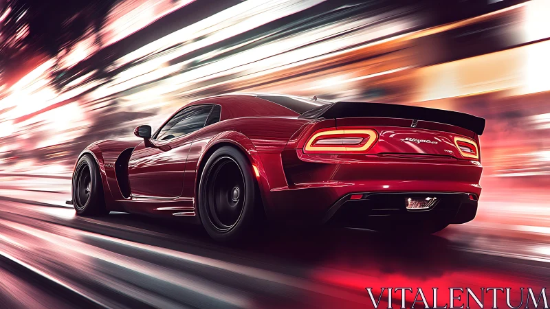 Red performance coupe in dynamic high-speed urban motion