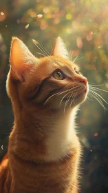 Orange tabby cat gazing upward with golden sunlit bokeh background