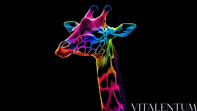 Neon fractal giraffe portrait on pure black background.