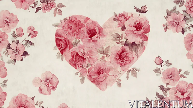 Floral heart composition with layered pink roses and botanical foliage elements