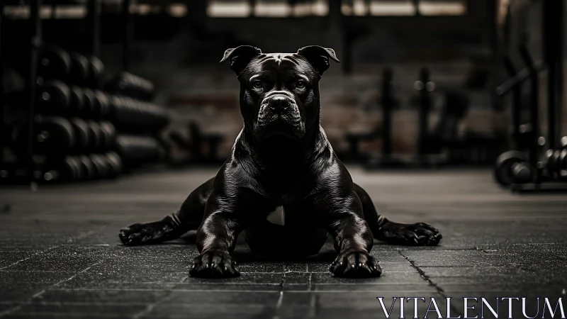 Black pit bull lying alert on gym floor under low light.