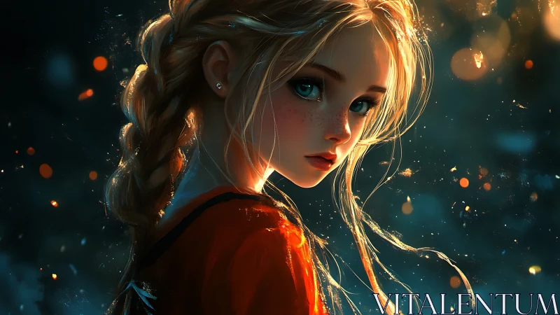 Digital painting portrait with ember-lit rim lighting and bokeh depth.