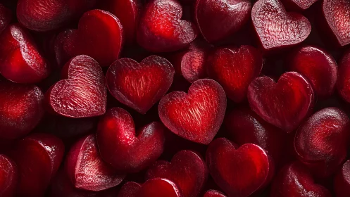 Glossy red heart-shaped objects with reflective surfaces arranged densely.