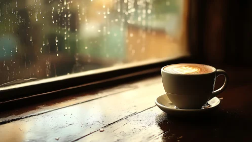 Latte daydreams glow beside a rain-kissed windowpane.