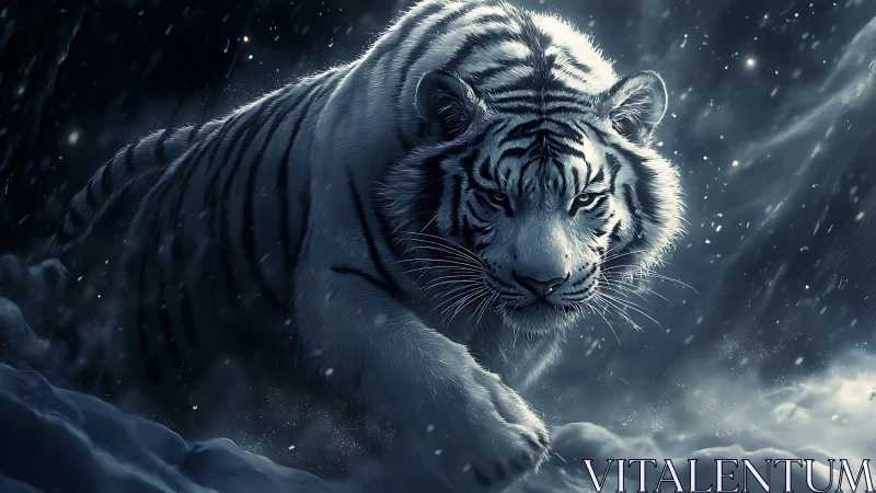 Snowlit white tiger advances through blizzard with cinematic focus