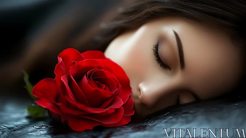 Red rose resting beside serene sleeping woman in close focus