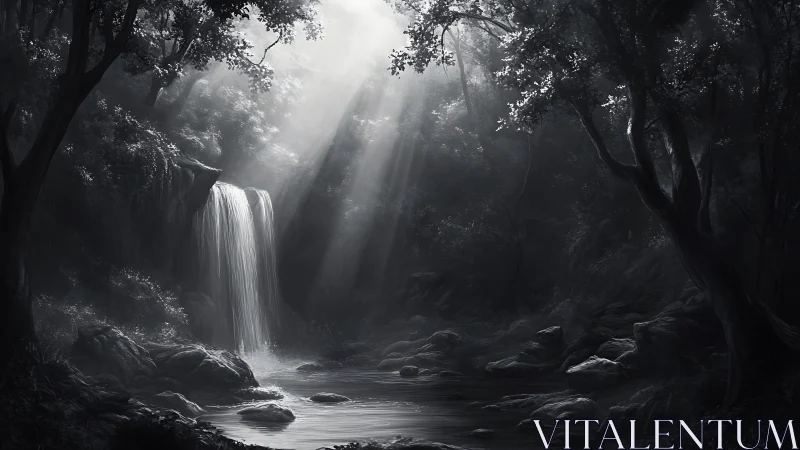 Forest Waterfall with Crepuscular Light Rays.