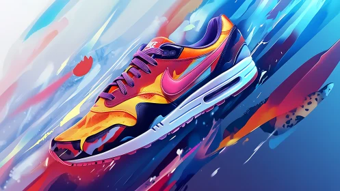 Vibrant neon sneaker glides through abstract color streaks