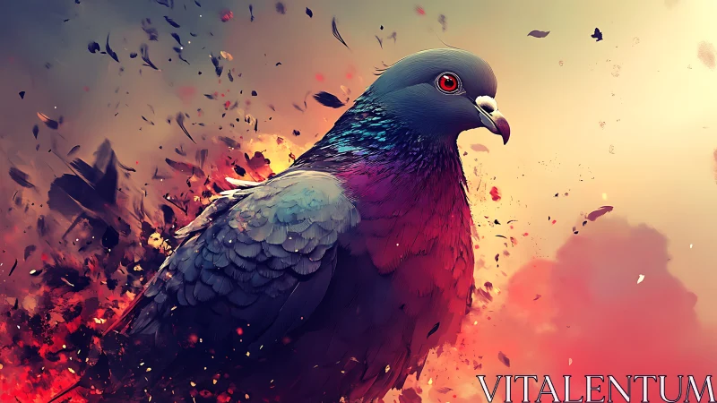 Iridescent pigeon erupts through embers and drifting ash.