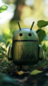 Forest explorer bot gleaming softly in sun-dappled undergrowth.