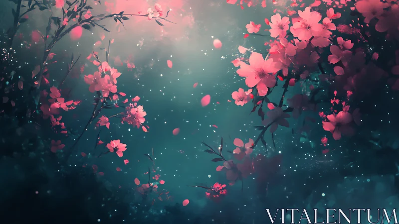 Glowing pink blossoms against dark teal dreamy background.