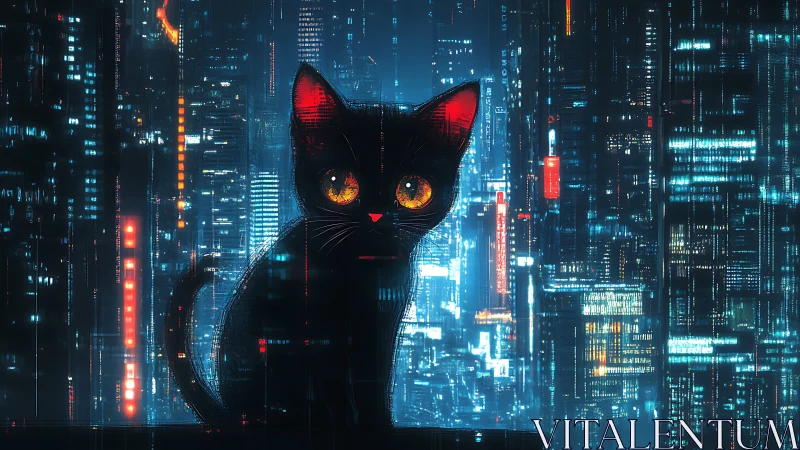 Black cat silhouette sits before dense neon cityscape