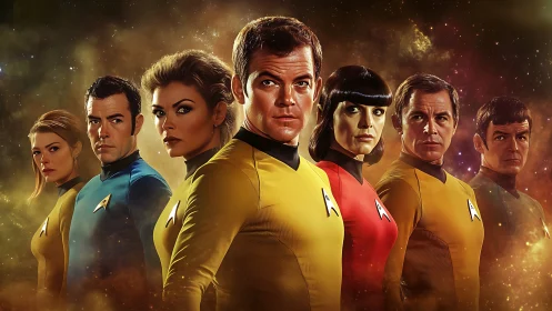 Seven uniformed space officers stand in a glowing nebula background