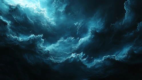 Storm-like teal clouds twist through dark abstract sky