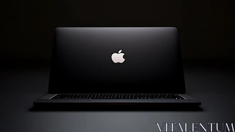 Closed black laptop with illuminated logo on dark surface.