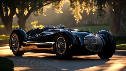 Black classic roadster on sunlit tree lined driveway.