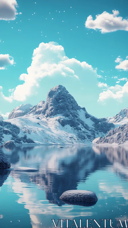 Snowcapped mountain reflects in still turquoise alpine lake