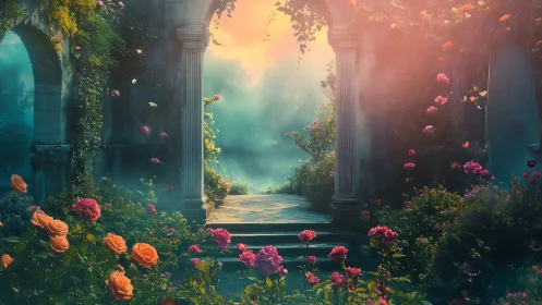 Enchanted Garden Through Marble Columns at Dawn.