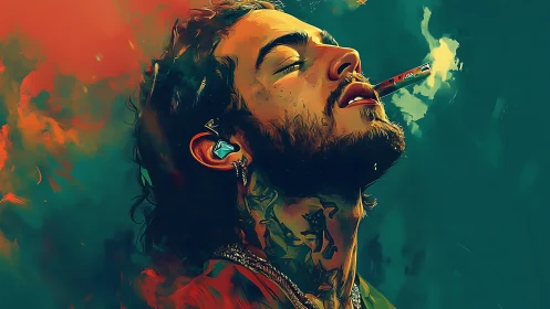 Tattooed man smokes while tilting head back in colored haze
