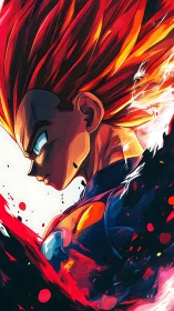 Profile view shows stylized warrior with upward red hair