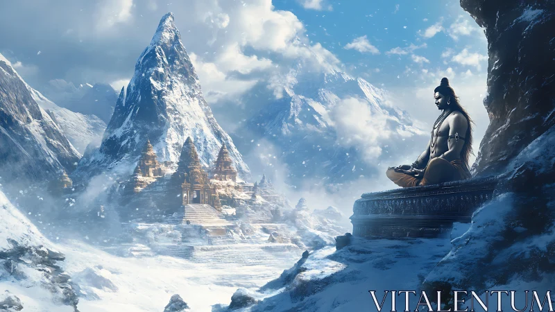 Snow-covered mountains with seated figure and temples.