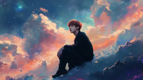 Young person seated on glowing clouds under vivid sky.