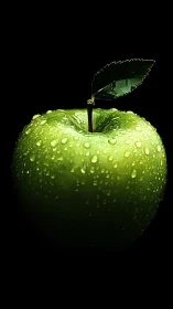 Macro close-up of dewy green apple against black background