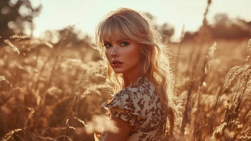 Woman with long blond hair in sunlit field at golden hour.